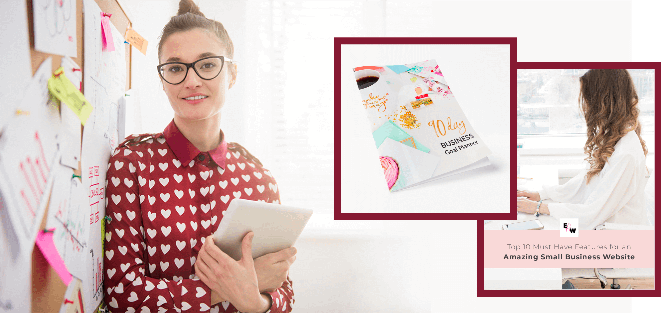 Happy female entrepreneur with freebie downloads
